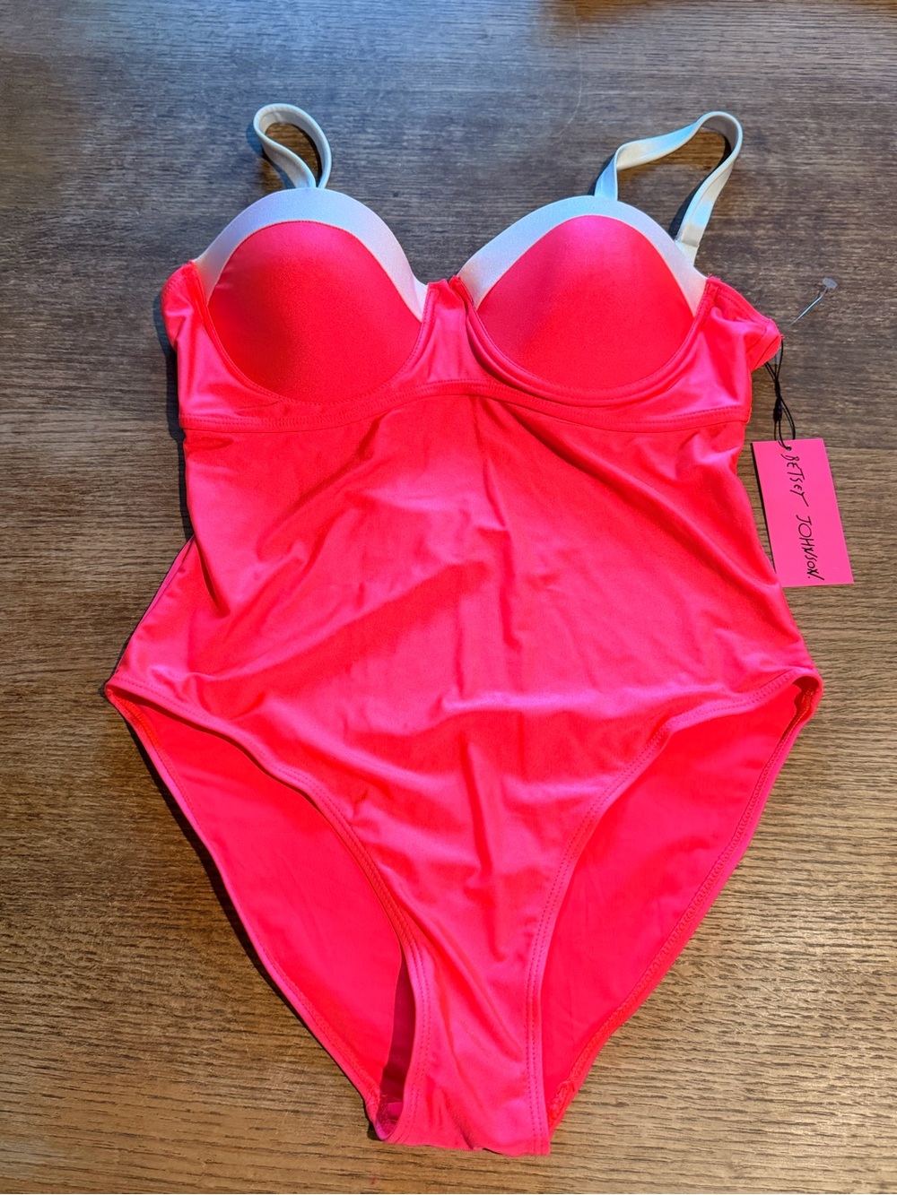 Betsey Johnson Neon Pink One-Piece Swimsuit with Cream Straps